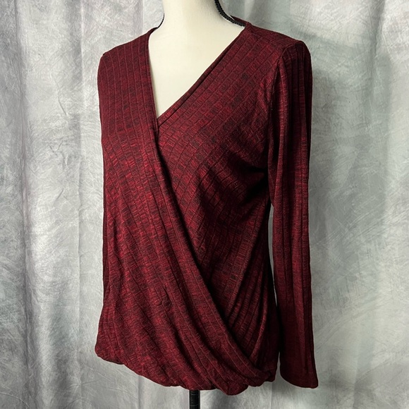 Rock & Republic Burgundy & Black Faux Wrap Long Sleeve Ribbed Top - MED - Picture 3 of 11